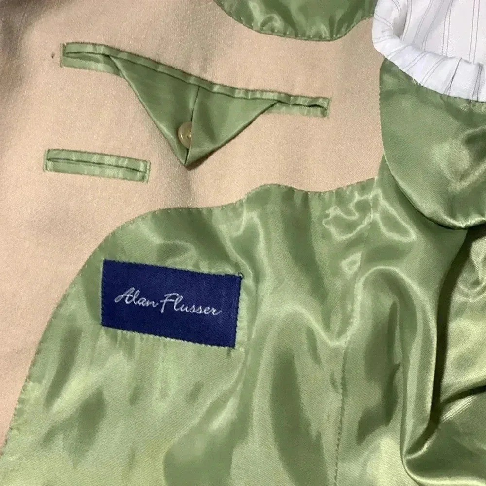 Alan Flusser Mens Tan Two Button Blazer Sport Coat Jacket 44R Gold Crest Buttons